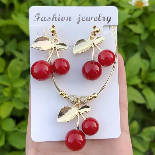 C867 Conjunto de collar aretes cerezas cobre de 18k 22cm de largo 4cm dije y 4.5cm aretes