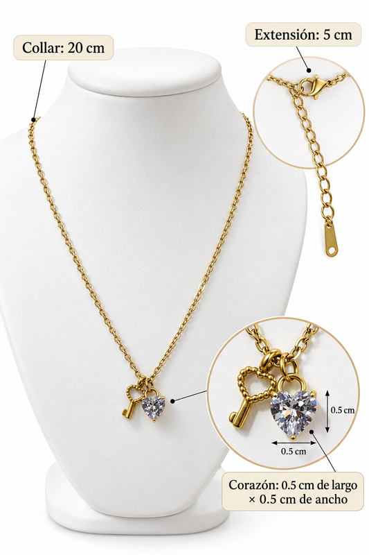 C108 Collar dije corazon con circonia de acero inoxidable