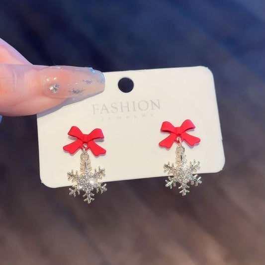 E4218 Aretes moño rojo copo de nieve 1.5cm aleacion