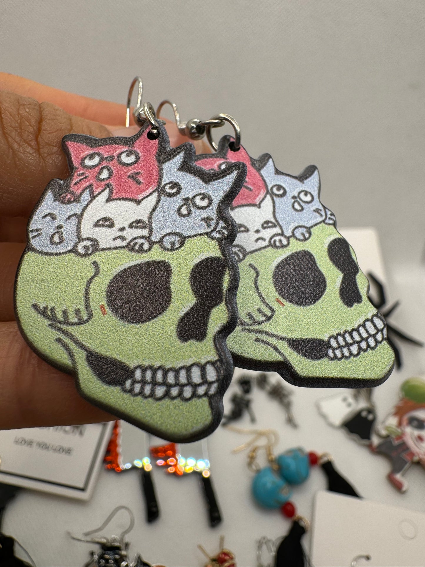 E547 Aretes Cráneo Gatos Halloween