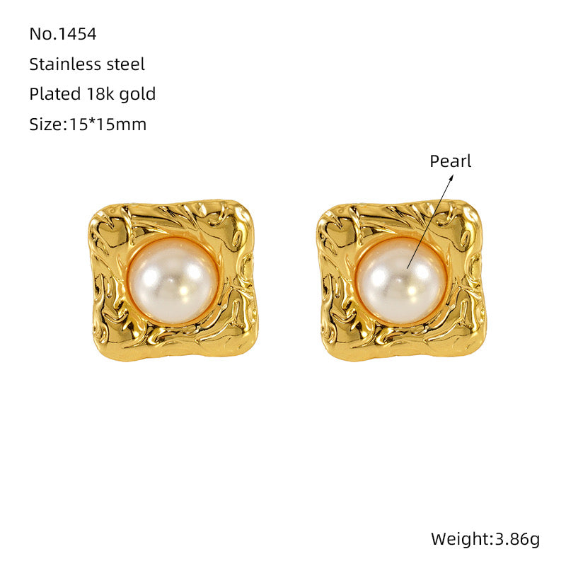 E2985 Aretes perla acero inoxidable chapado en oro 18k 1.5cm