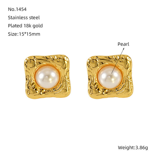 E2985 Aretes perla acero inoxidable chapado en oro 18k 1.5cm