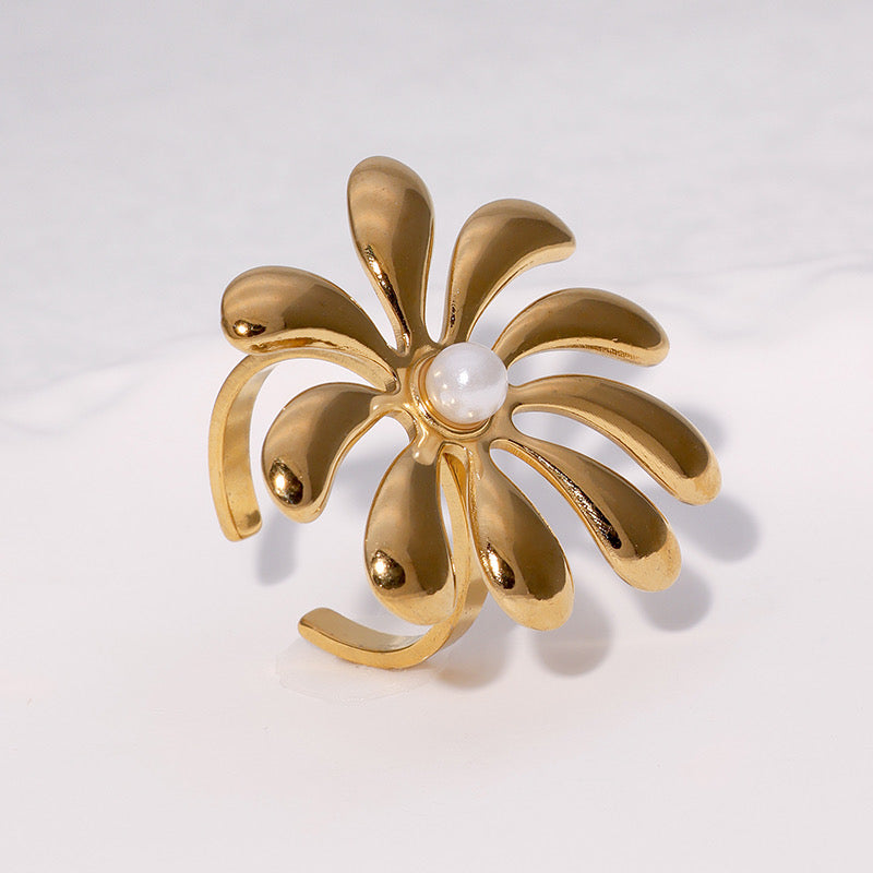 A227 Anillo flor dorada abierto acero inoxidable