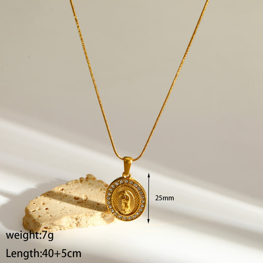 C1538 Collar Virgen de Guadalupe lisa acero inoxidable 21cm dije 2cm chapado en oro de 18k
