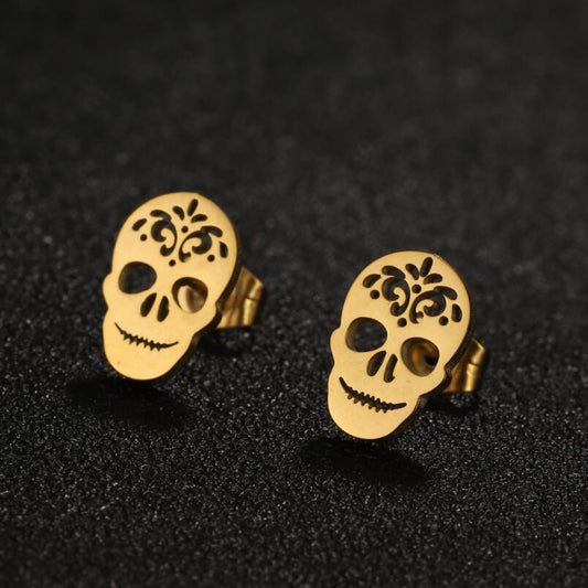 E3771 Aretes cráneo dorado día de muertos acero inoxidable 1cm
