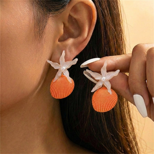 E7064 Aretes concha de mar naranja y estrella aleacion 5cm