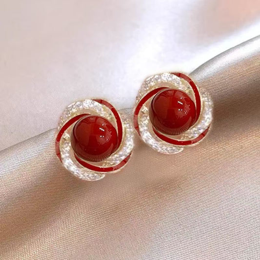 E7008 Aretes Perla roja contorno brillante aleacion 1.5cm