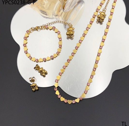 C1200 conjunto de collar pulsera y aretes corazones dorados cristales rosas acero inoxidable chapado en oro de 18k