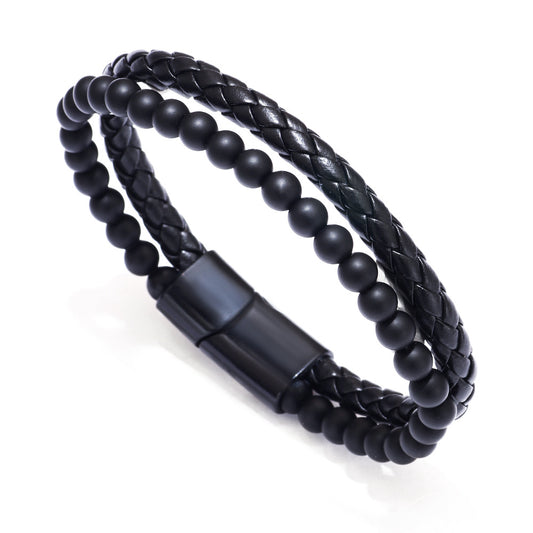 B312M Pulsera piedra mate negra cuero sintetico 19cm