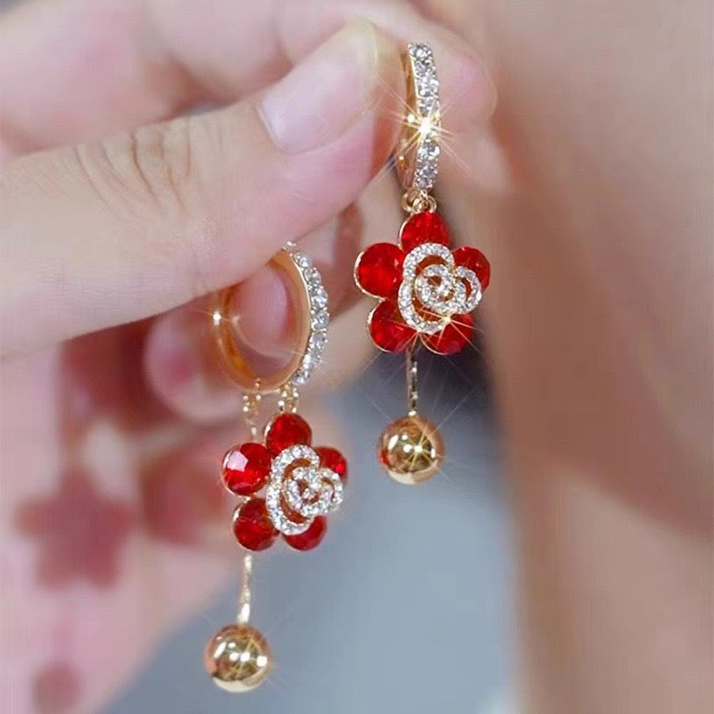 E7284 Aretes cristal rojo flor brillante aleacion 4cm