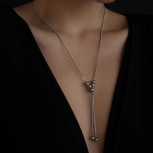 C976 Collar esferas plateadas acero inoxidable chapado en oro de 18k 25cm