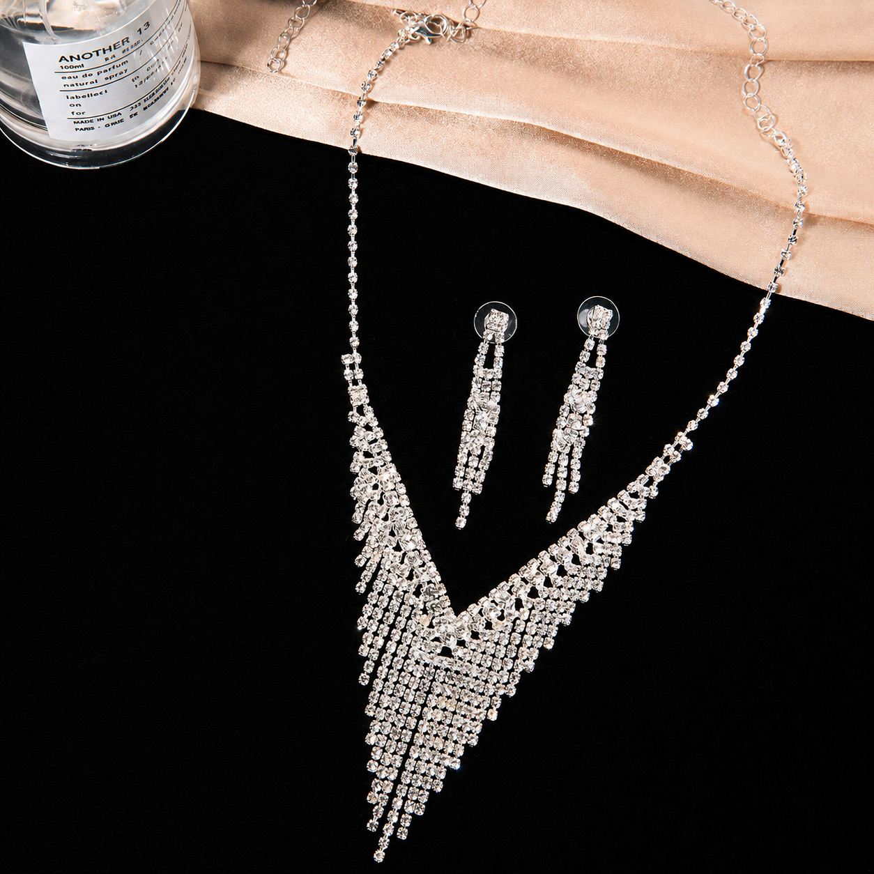 C1625P Conjunto juego de collar aretes cristal brillante circonia cobre de fiesta 21cm aretes 5cm