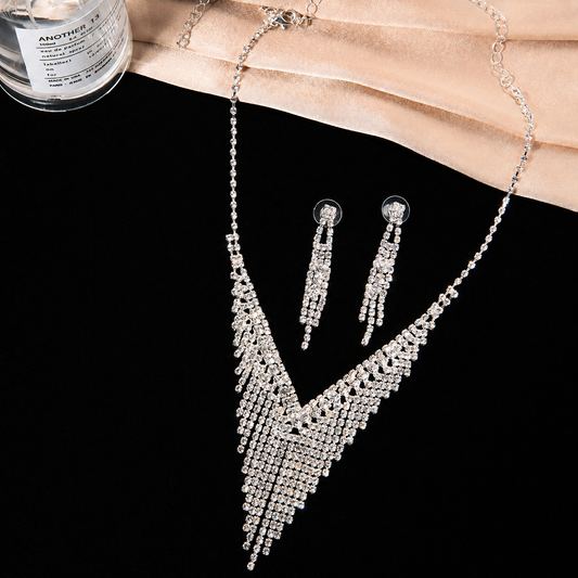 C1625P Conjunto juego de collar aretes cristal brillante circonia cobre de fiesta 21cm aretes 5cm