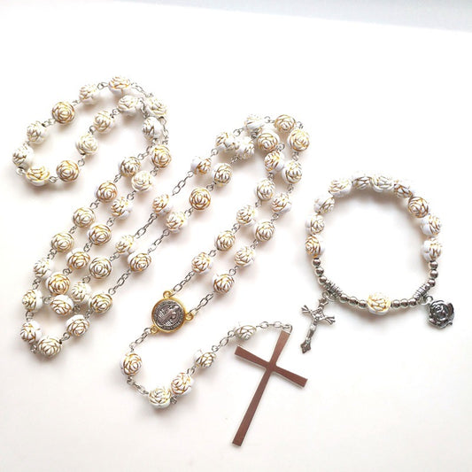 C759 Conjunto collar y pulsera  perlas rosario aleacion 65cm largo 5cm dije