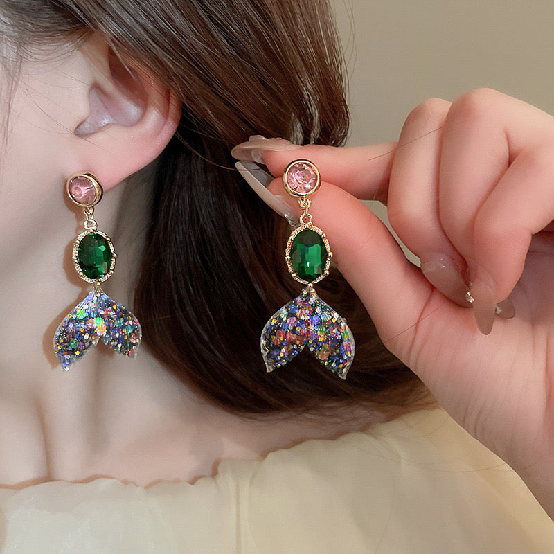 E7330 Aretes cola de sirena cristal linea premium elegantes poste de plata 6cm