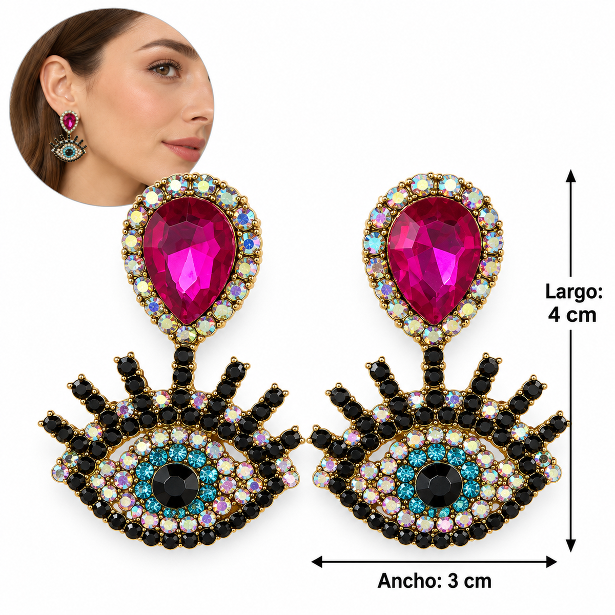 E7548 Aretes de ojo con circonia rosa imitacion aleacion