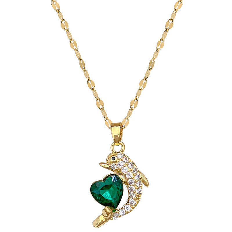C514 Collar delfín corazon cristal zirconia acero de titanio largo 26.5cm dije 2.5cm