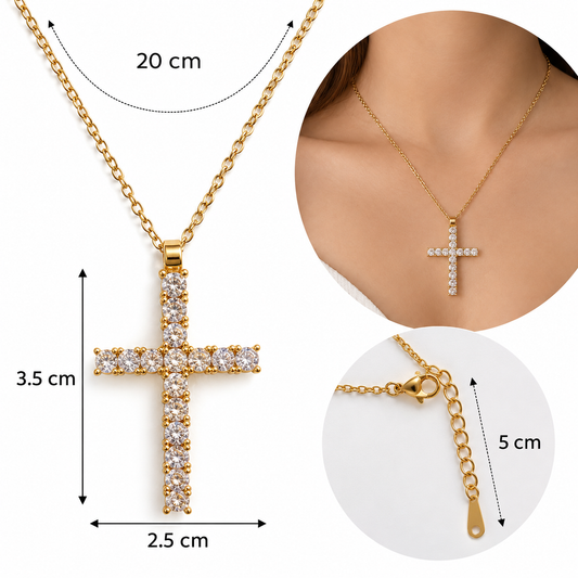 C106 Collar con dije Cruz diamantes imitacion cobre chapado en oro 14k