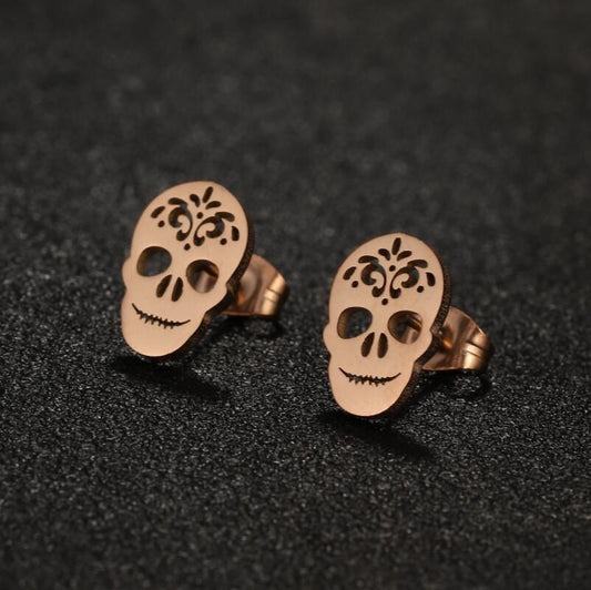 E3771R Aretes cráneo día de muertos acero inoxidable 1cm