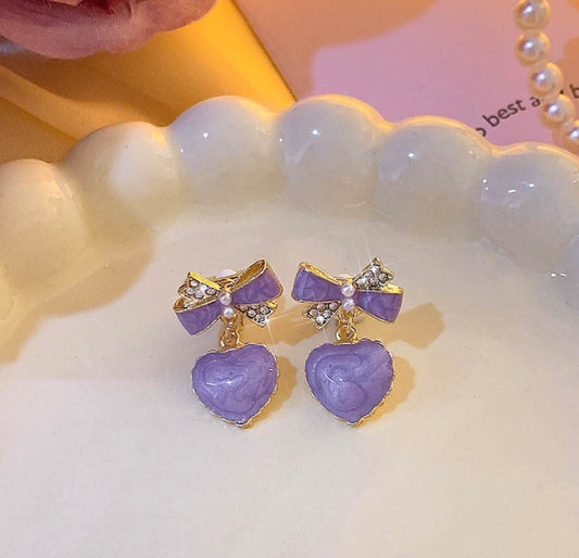 E7037 Aretes moño corazon lila colgante aleacion 1,5cm