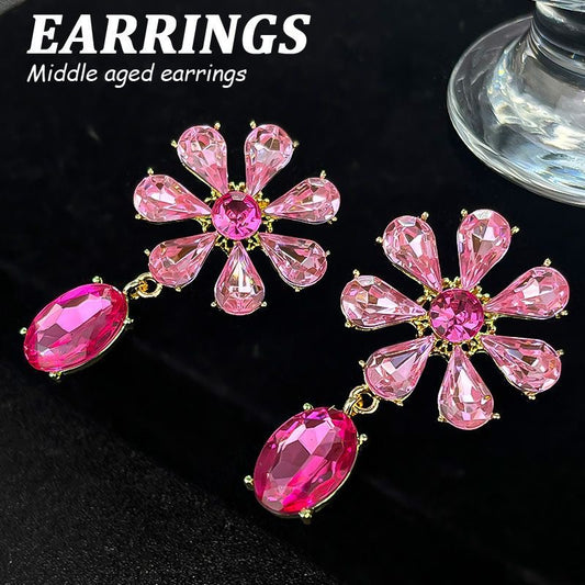 E3953 Aretes flor cristal rosa aleacion 5cm