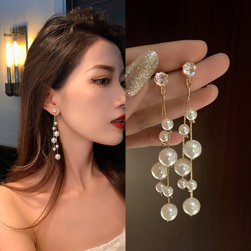 E2605 Aretes perlas colgantes aleacion 8cm