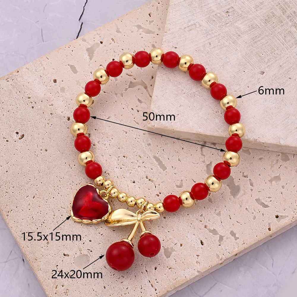 B361 Pulsera cuentas cerezas corazon acrilico elastica