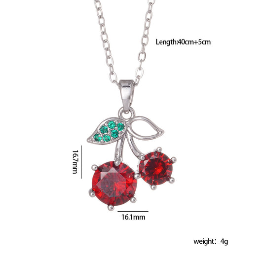 C801 collar cereza plateado acero inoxidable cobre cristal rojo 22cm largo 1.5dije