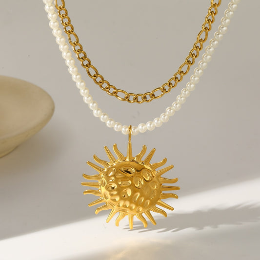C1182 Collar sol dorado perlas acero inoxidable