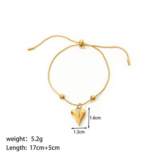 B377 Pulsera ajustable corazon acero inoxidable chapado en oro 18k 12cm dije 5cm