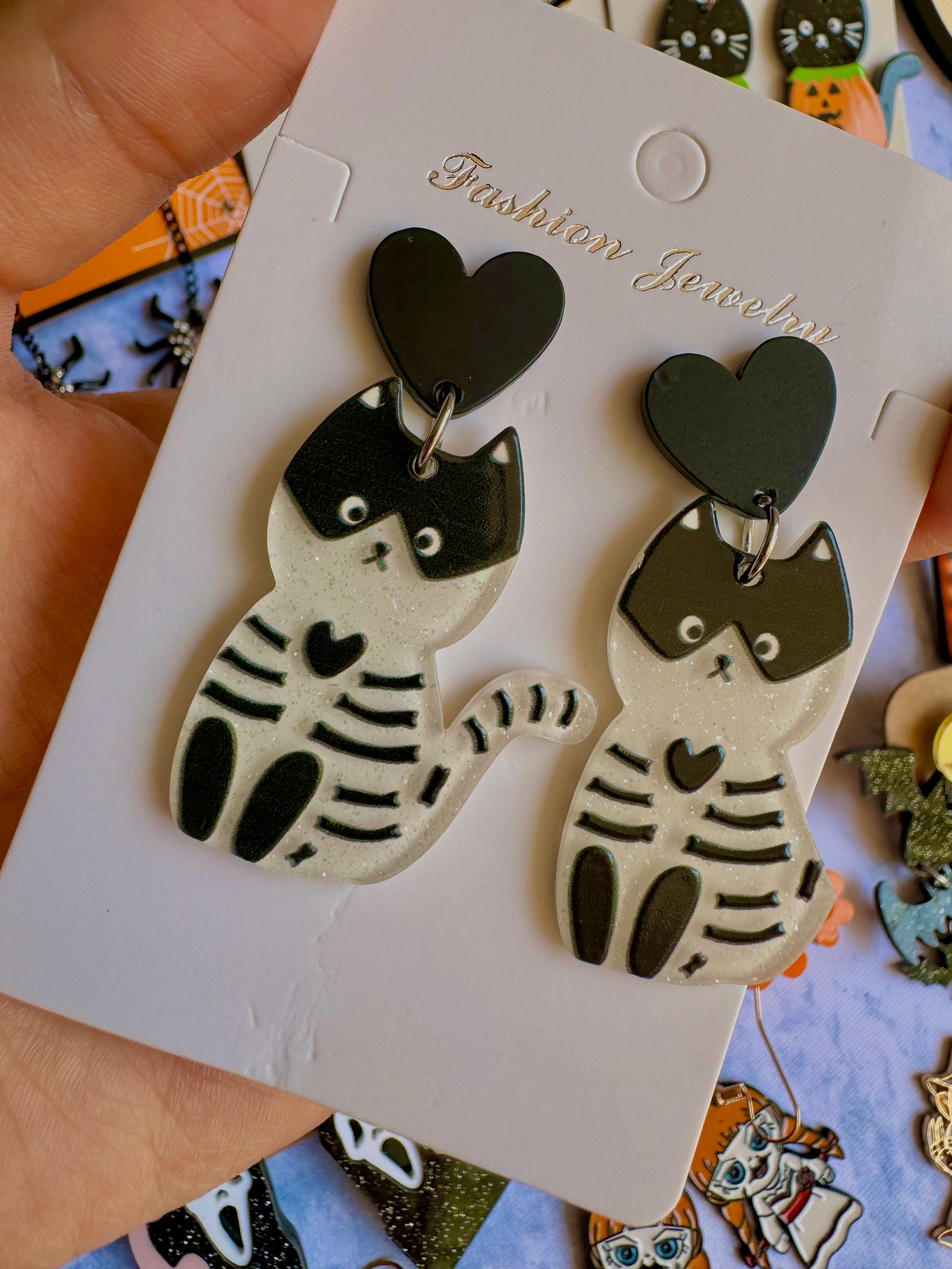 E276W Aretes Gato Esqueleto Halloween