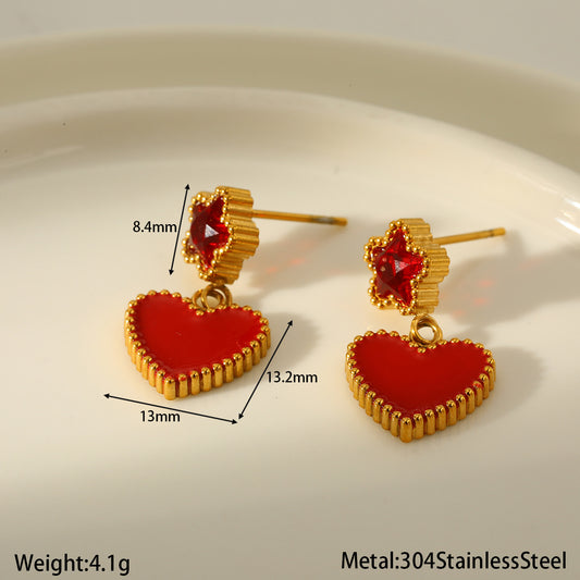 E5051 Aretes corazón estrella rojo acero inoxidable 3cm