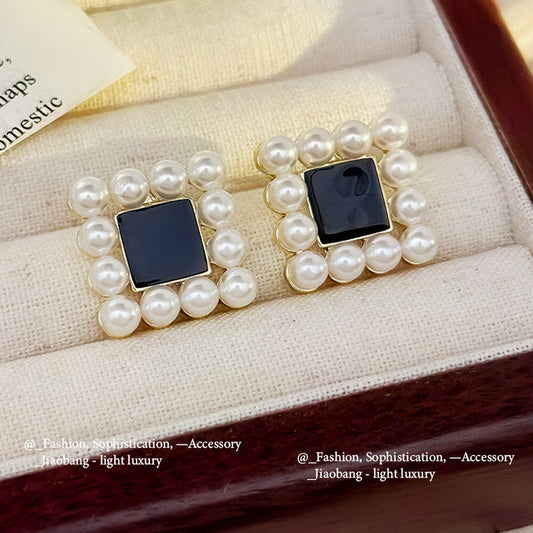 E4545 Aretes cuadro negro poste de plata 2cm