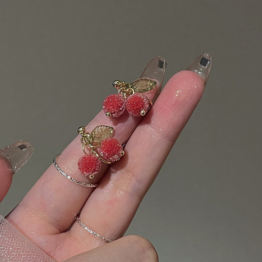 E5000 Aretes cereza pequeñas terciopelo aleacion 1cm