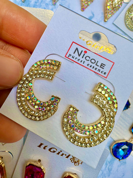 E1885D Aretes doble c tornasol dorado brillante fiesta 2.5cm