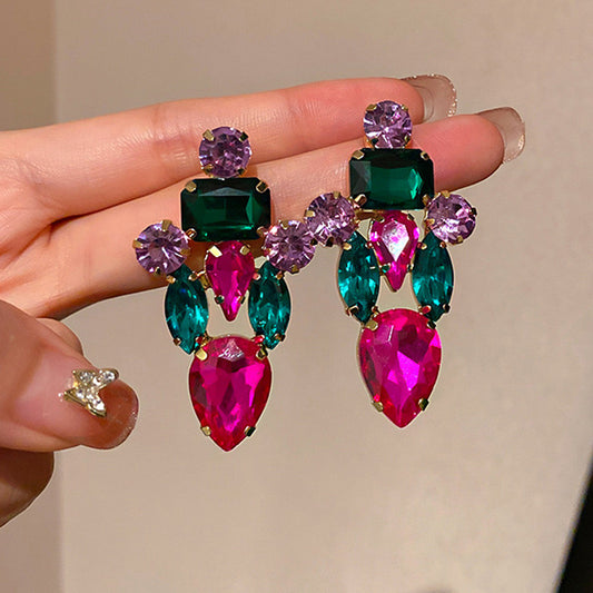 E3952 Aretes flor de cristal color fucsia aleacion 6cm
