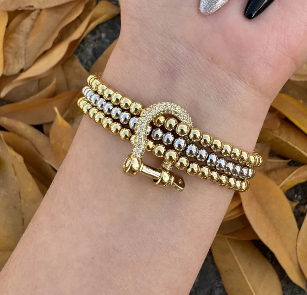 B365 Pulsera cuentas doradas plateadas fiesta aleacion