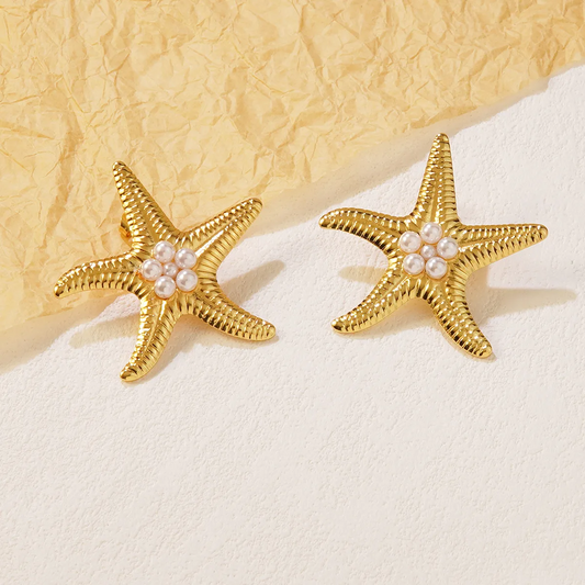 J595 Aretes estrella de mar perlas acero inoxidable 4cm