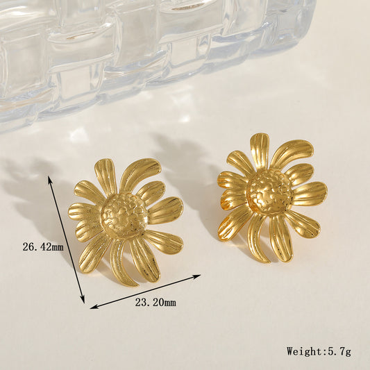 E3376 Aretes flor acero inoxidable chapado en oro 18k 3cm