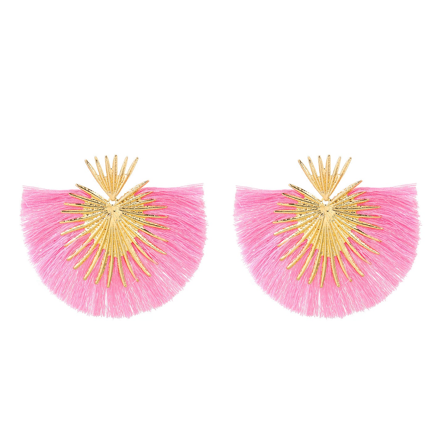 E7098RS Aretes pico dorado y flecos rosas en forma de abanico aleacion 9cm