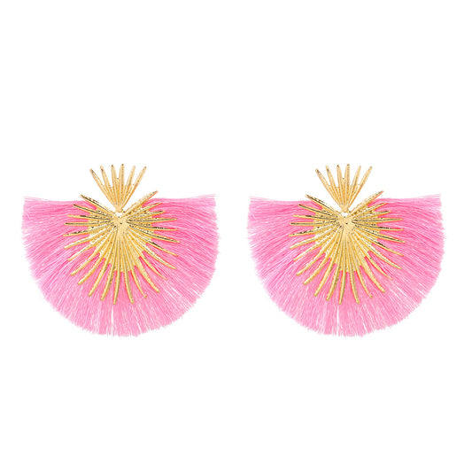 E7098RS Aretes pico dorado y flecos rosas en forma de abanico aleacion 9cm