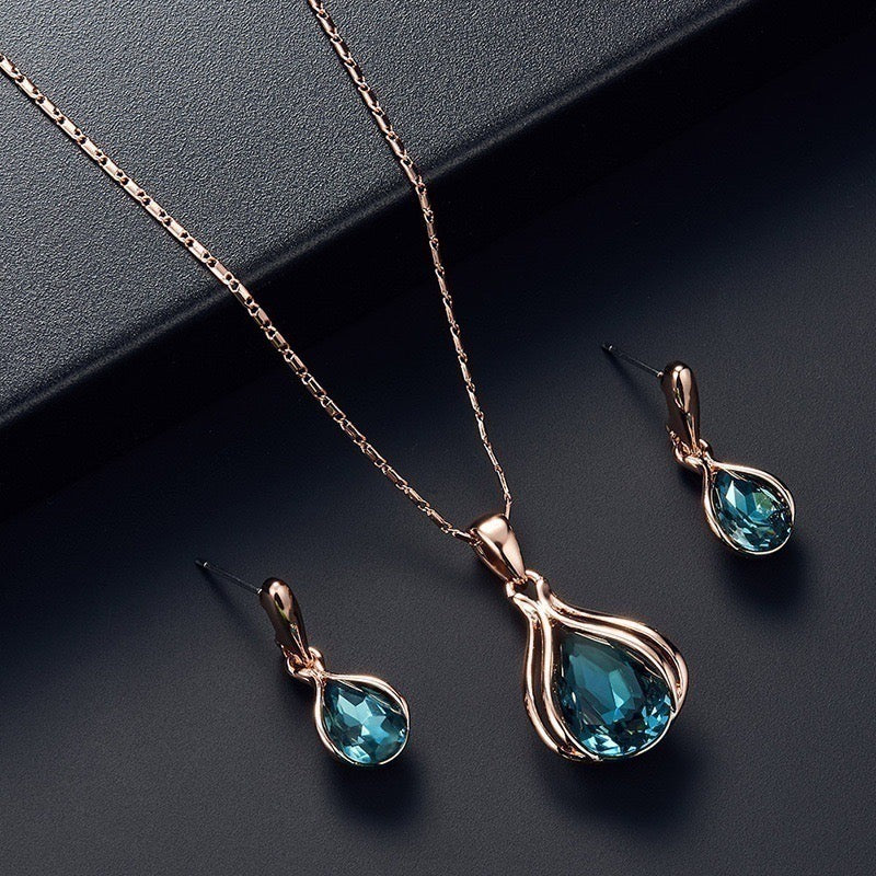 C728 Set aretes y collar gotas cristal azul aleacion 25cm largo 2cm dije