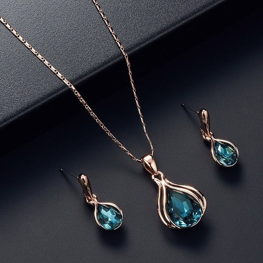 C728 Set aretes y collar gotas cristal azul aleacion 25cm largo 2cm dije