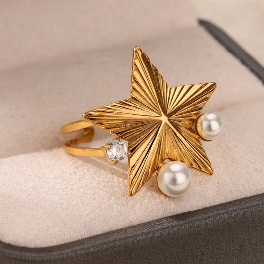 A190 Anillo estrella dorada abierto acero inoxidable chapado en oro de 18k