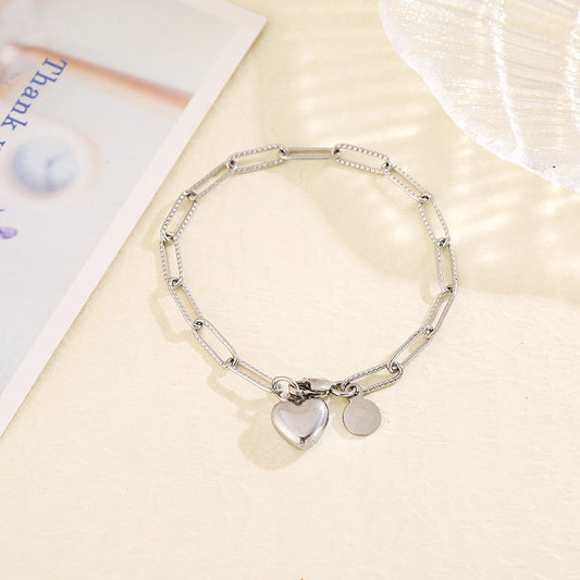 B371 Pulsera corazon plateado acero inoxidable chapado en oro 18k 19cm