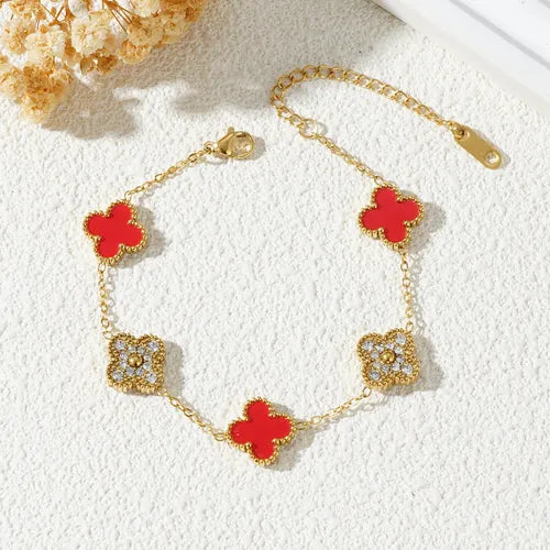 B358R Pulsera trebol rojo acero inoxidable chapado en oro 18k largo 22cm