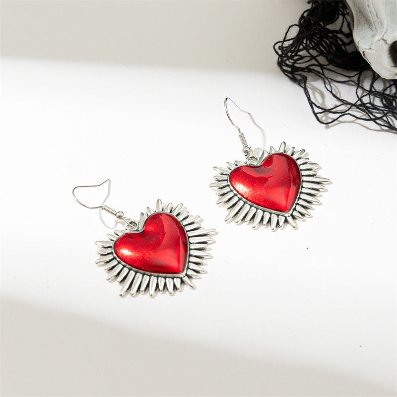 E2051P Aretes corazon rojo plateado aleacion gancho