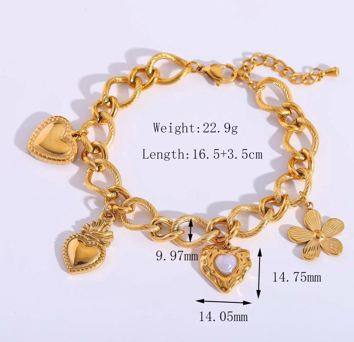 B706 pulsera dorada corazones flores acero inoxidable chapada en oro de 18k