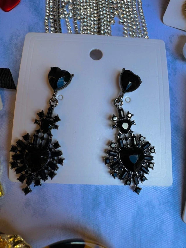 E1641 Aretes Flor Cristal Negro Aleación Poste De Plata