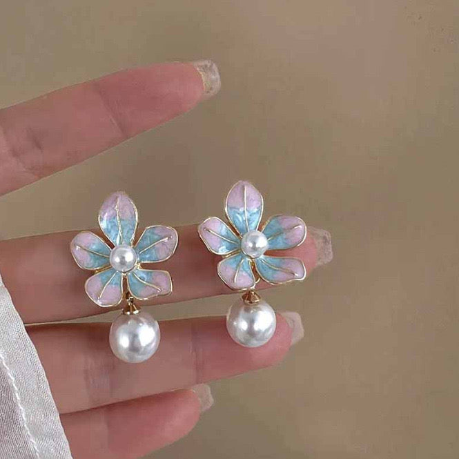 E5826 Aretes flor azul con rosa perla aleacion 3cm